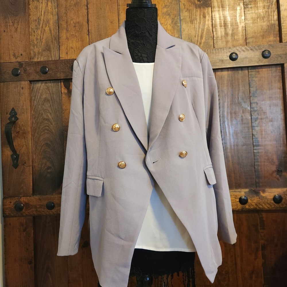 Womens Double Breasted Blazer Gold Crest‎ Button Lavender Grey Plus Size 2XL